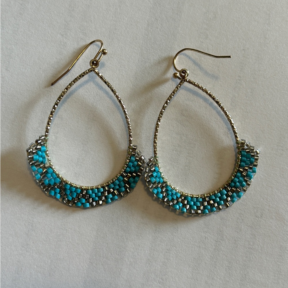 Anthropologie Gold and Turquoise Drop Pendant Earring 14k Gold Plated